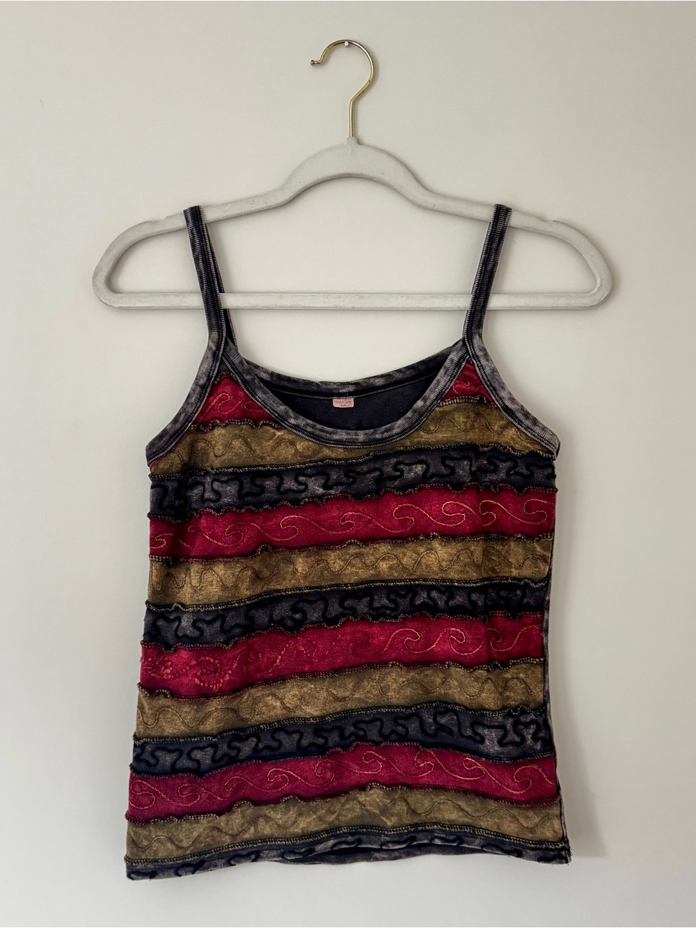 The Little Bazaar Handmade Cotton Embroidered Acid Wash Tank, Red Multi – L / XL